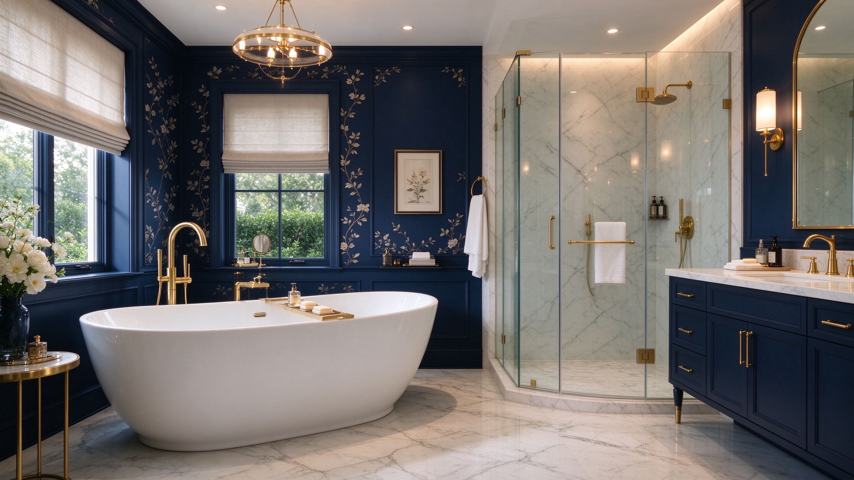 Luxury bathroom with freestanding bathtub and walk-in shower — bathroom products sourcing China