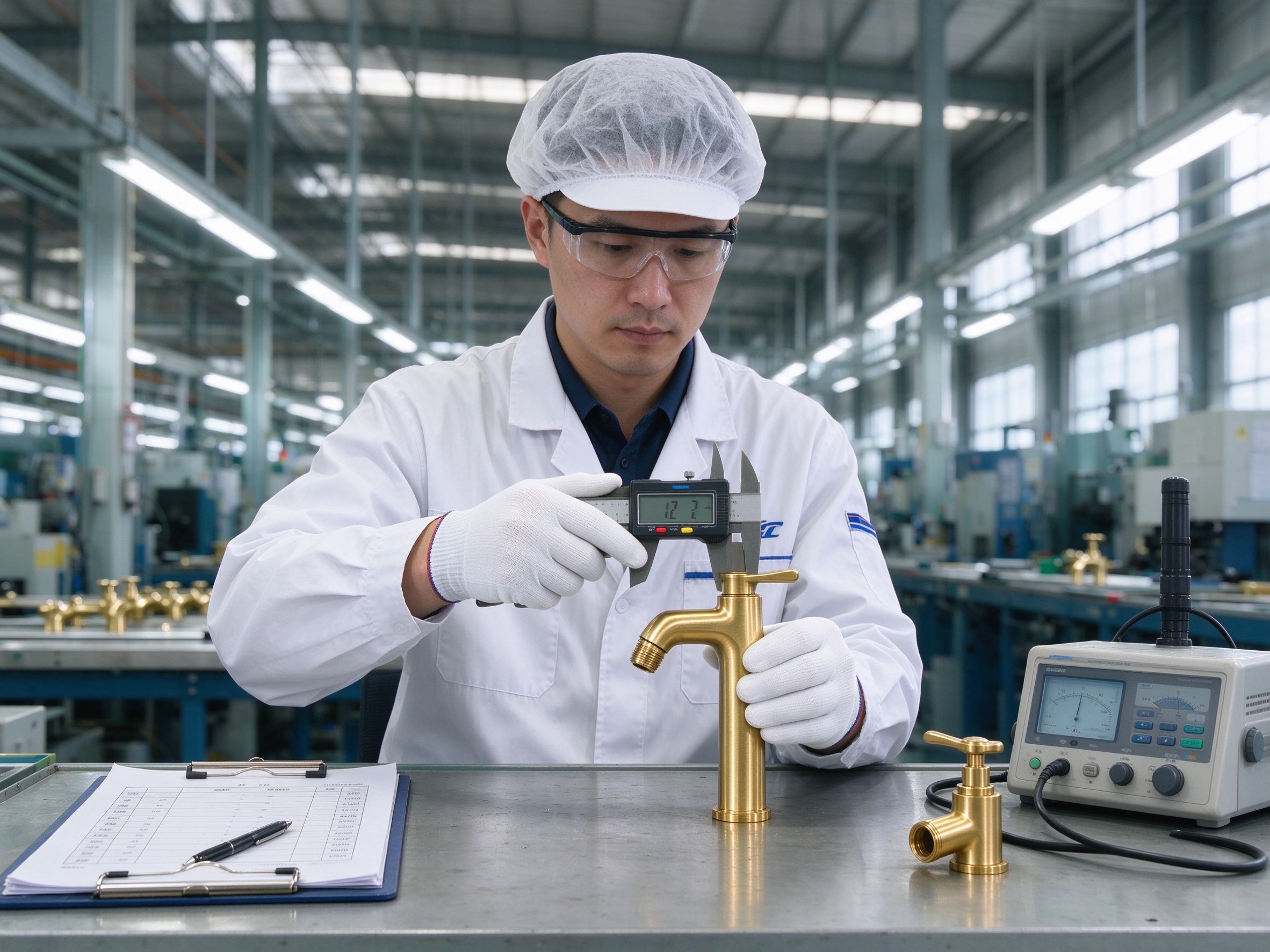 Quality control engineer measuring brass faucet — China bathroom sourcing QC team